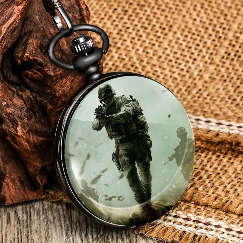 Aspen Quartz Pocket Watch Brave Fighter Printed Pattern Antique Black