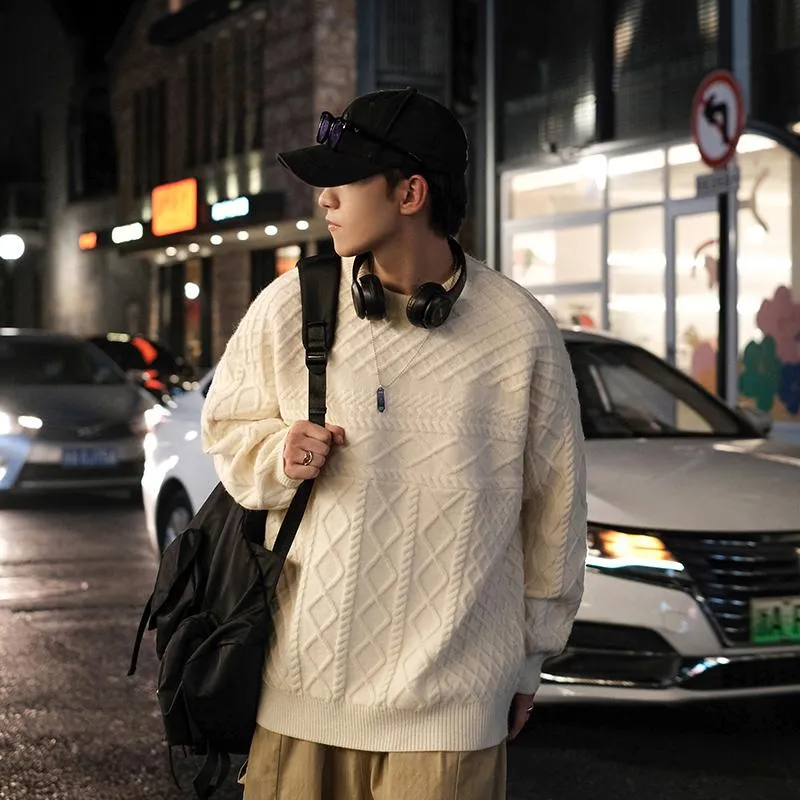 Herentruien Sweater Men O-Neck Knitting Twist Argyle American Style Pullover Vintage Casual Baggy Dikke Jumper Chic Streetwearmen's