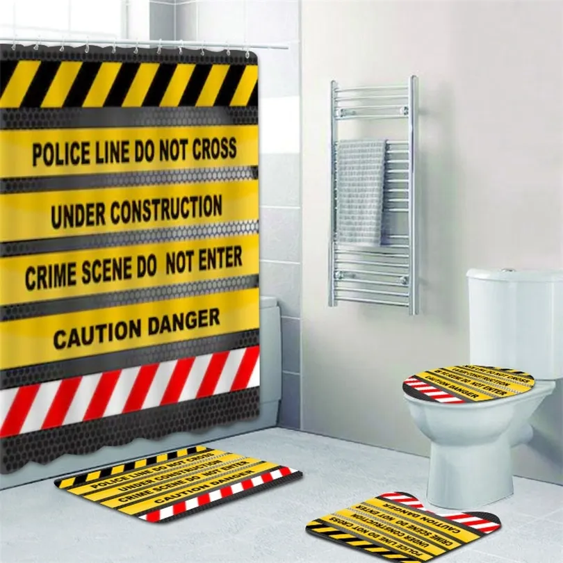 Funny Line Do Not Cross Home Decor Crime Scene Danger Tapes Shower Curtain Bathroom Waterproof Non Slip Bath Rugs 220429