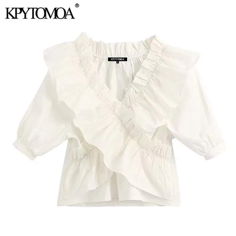 KPYTOMOA Frauen Süße Mode Rüschen Weiße Blusen Vintage V-ausschnitt Kurzarm Stretch Weibliche Shirts Blusas Chic Tops LJ200812