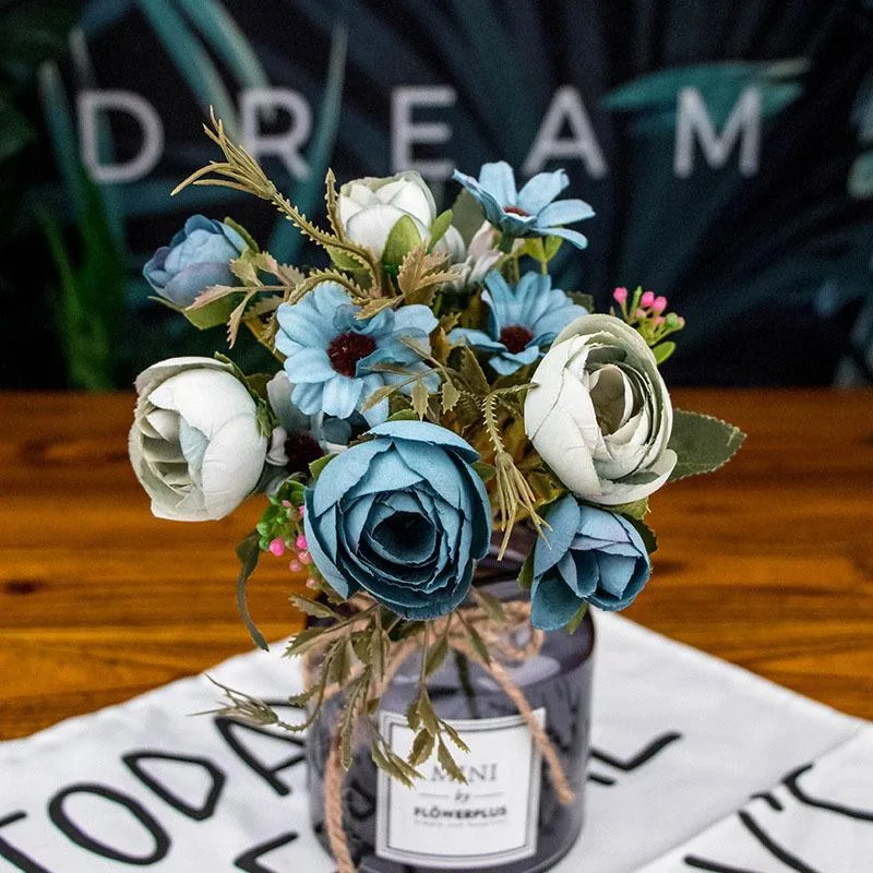 装飾的な花の花輪12ヘッド/ブーケ30cmミックスビンテージシルク人工小さなバラの結婚式の偽のフェスティバルサプライdiyホームデコレーション