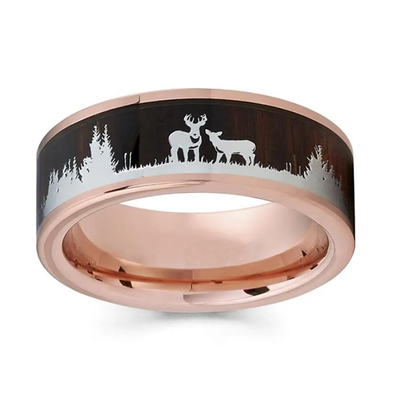 Eheringe Mode Rose Gold Schwarz Herren Ring Vintage Hirsch Silhouette Holz Band Verlobung Weihnachten Schmuck Ornament LoverWedding