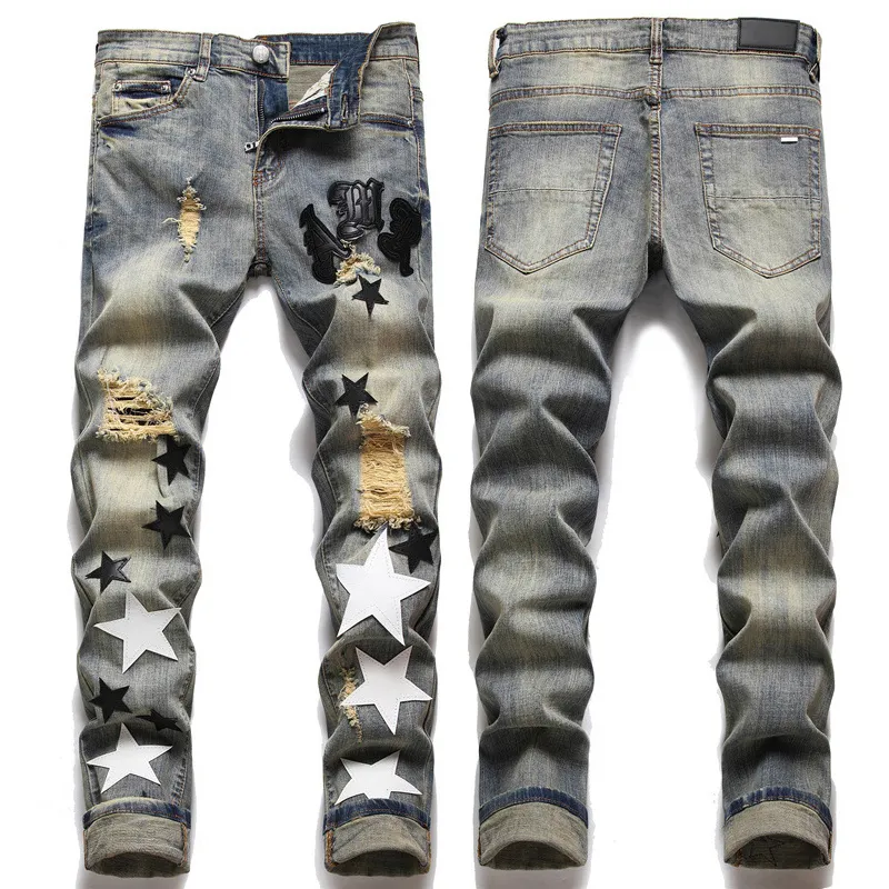 Storlek 38 Mäns Vintage Rip Jeans Patch Skinny Fit Appliqued Paint Splattered Art Estruerade jeans