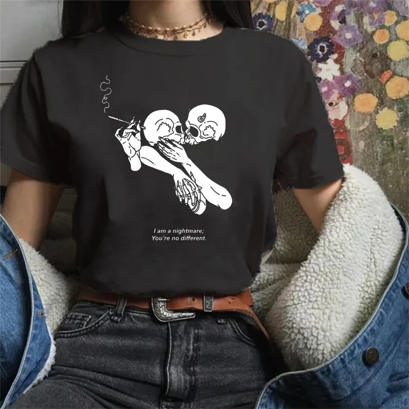 Goth Skeleton T Shirt Women Together Forever Harajuku Vintage Cotton Aesthetic Grunge Unisex Graphic T Shirts Tops Women Clothes 220511