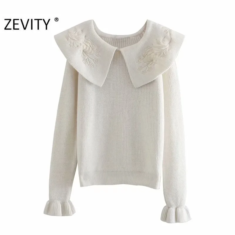 Zevity Women Fashion Flower Embroidery Turn Down Kollar Casual Knitting Seatermeyme Chicフレアスリーブプルオーバートップ