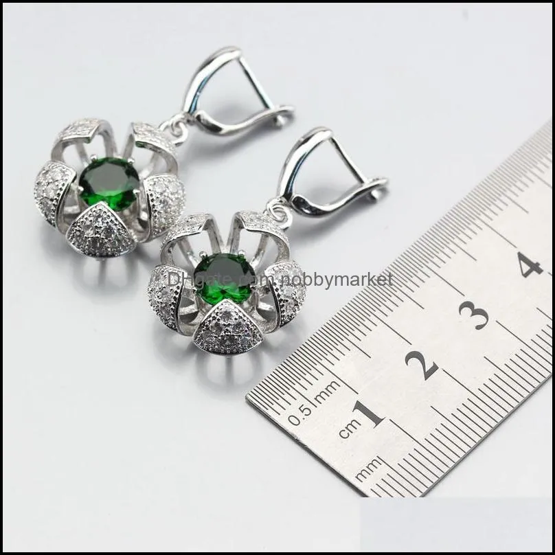 Earrings & Necklace Selling Three-Dimensional Silver Color Green Created Emerald Flower Jewelry Sets For Women Ring 6/7/8/9/10 JS390