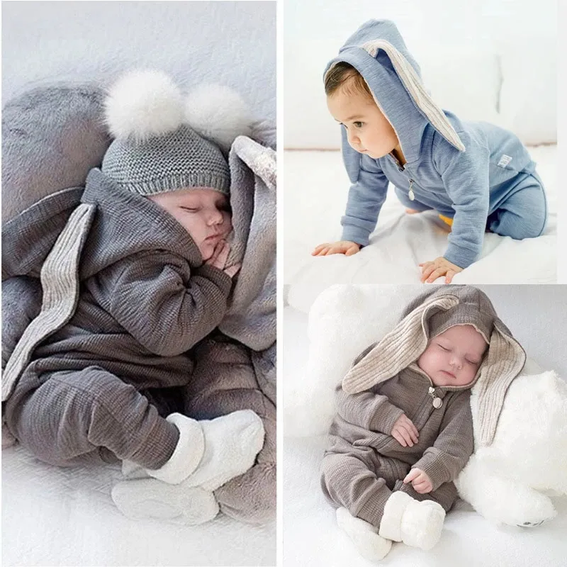 Spring Rabbit Bunny Baby Boy Girls Romper Hooded Cotton Toddler Jumpsuit Infant Clothes For Newborn Outfits 3-24M