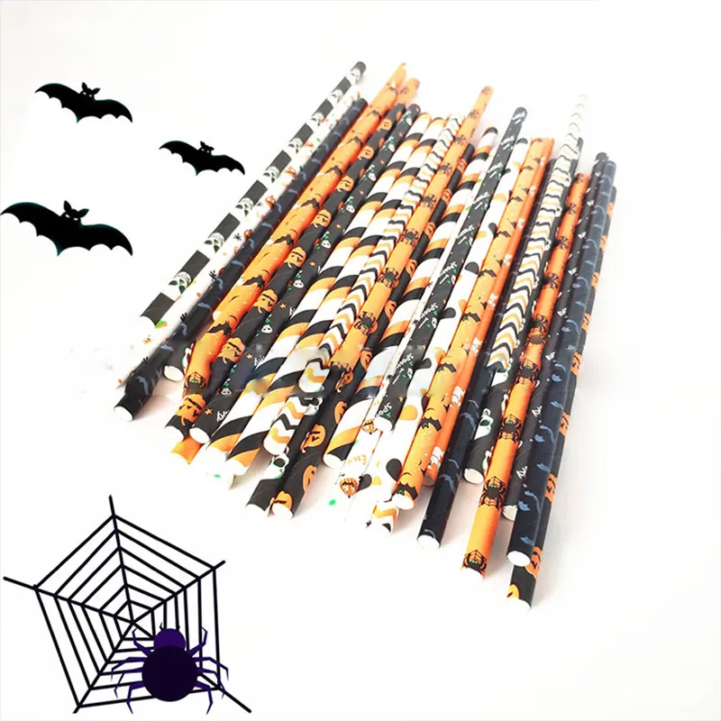 Pailles En Papier Halloween - Lot De 9, Motifs Fantômes/citrouilles, Biodégradables - 5