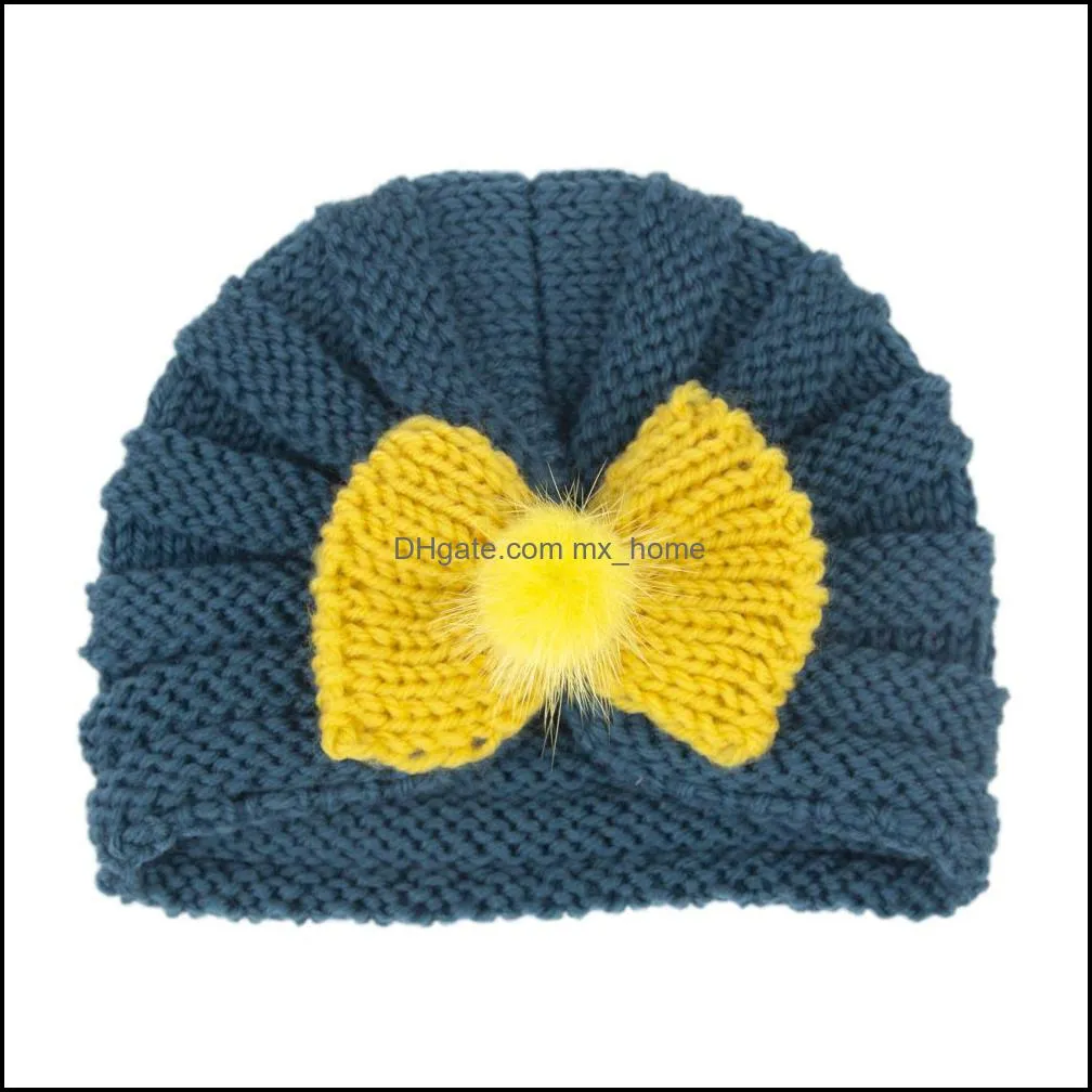 m386 new autumn winter baby kids knitted hat wool ball bowknot skull cap boys girls warm beanie children turban hats 21 colors