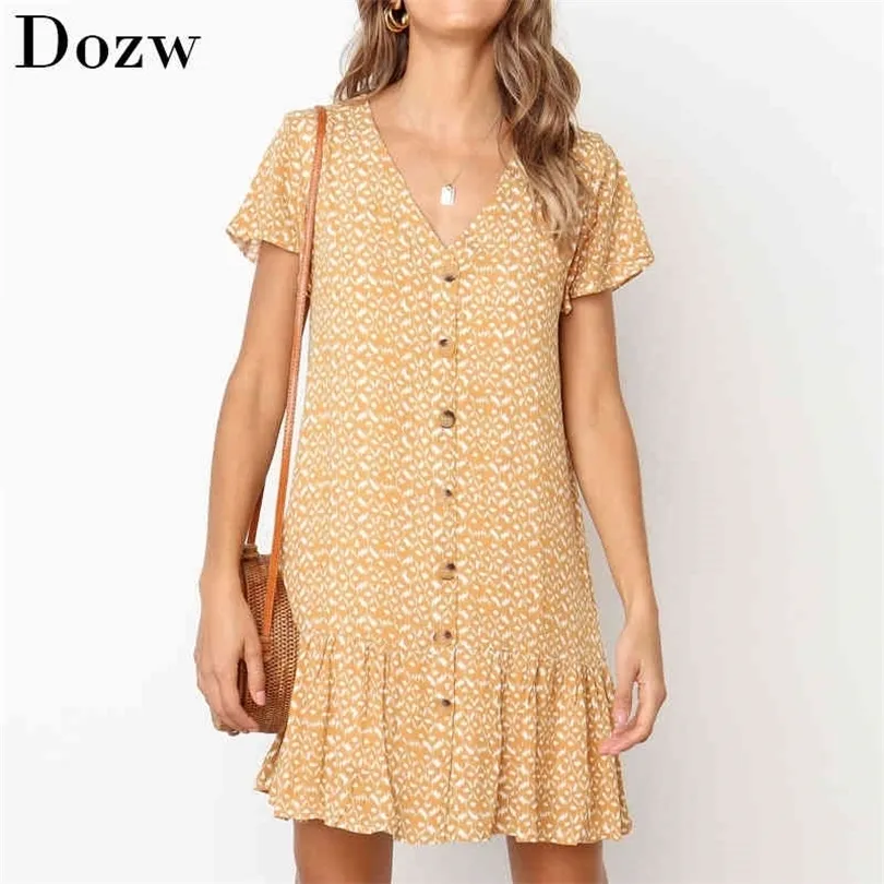 Floral Print Dress Femmes D'été Sexy Col En V Plage En Mousseline De Soie Robe Casual Volants À Manches Courtes Bouton Mini Robe Lâche Robe D'été 210414