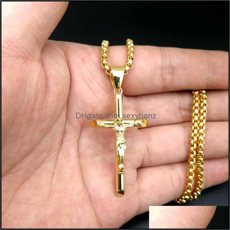 Stainless Steel Hip Hop Jewlery Jesus Cross Pendant Necklace Men Women Street Dance Rock Rapper Boys Accessories Gold Steel 334 N2