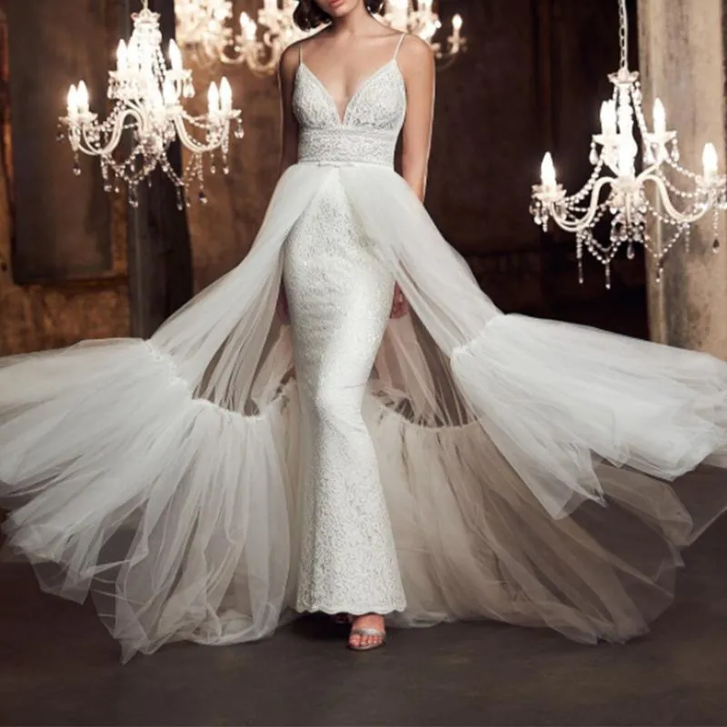 Gonne Elegante gonna oversize in tulle bianco Gonna lunga da sposa Strascico staccabile Sovrapposizione donna per abito da ballo Tutu Lunghezza pavimento Gonne personalizzate