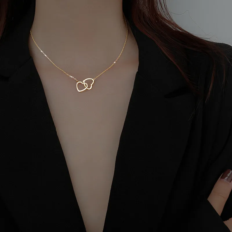 Fashion Metal Alloy Peach Heart Double Heart Necklace Women's Ring Inlocking Small Love Necklace Women Jewelryor