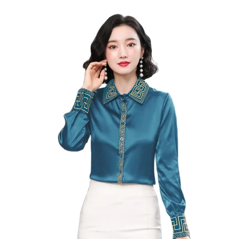 Women's Blouses Shirts Vintage Embroidery Black Silk Shirt Women Designer Long Sleeve Button Front Blouses Top Office Ladies Turn-down Collar Casual Shirt