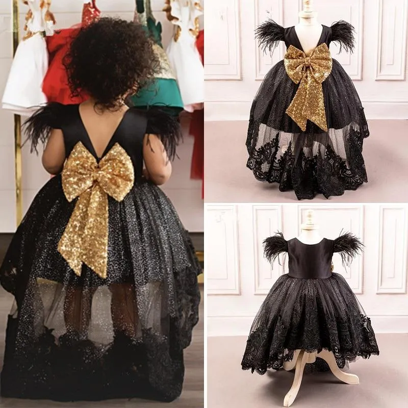 Girl's Dresses High-low Black Lace Kids Party Glitter Sequin Bow Knot Pagnant Gowns Feather Sleeves V Back Flower Girl DressesGirl's Girl'sG