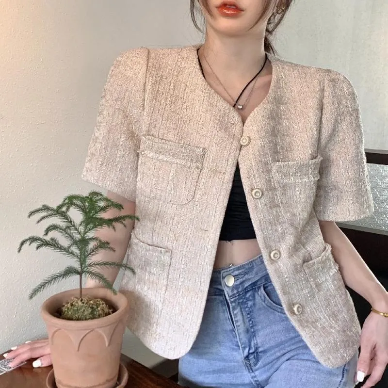 Women's Jackets Elegant Short Sleeve Tweed Jacket Women Korean Fashion Summer Autumn Basic Coat Outerwear Chaquetas MujerWomen's