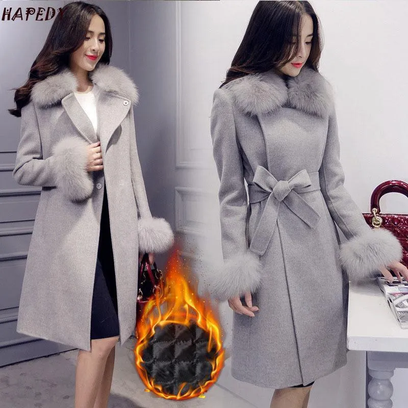 여성 양모 코트 모피 가을 / 겨울 두꺼운 면화 솔리드 컬러 코트 여성 겉옷 모직 따뜻한 슬림 자켓 CA6982