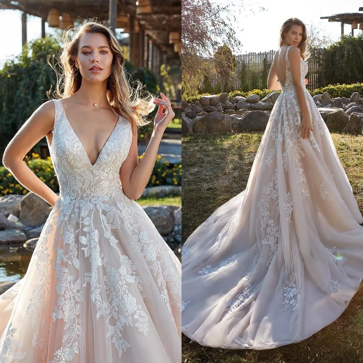 Eddy K Beach Backless Wedding Dress V Neck spets Appliced ​​Garden Boho Bridal Gown Sweep Train de Mariee