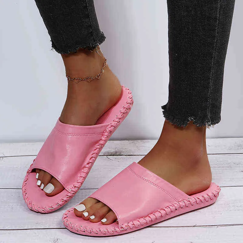 Slippers New Peep Toe Women Oneword with Slides Flat Sandals Female Summer Outdoor Home Opentoe Softsoled Shoes 220514