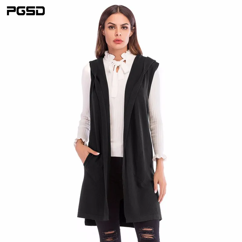 PGSD Simple Fashion Pure Colored Women Clothes Mediumlong sleeveless knitted waistcoat Hooded Cardigan Sweater coat female 201031