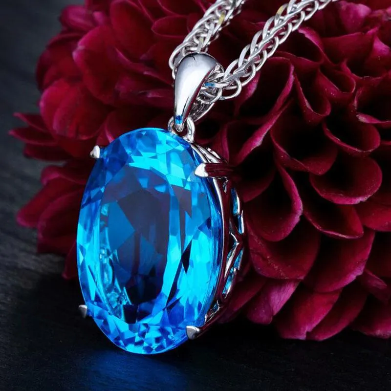 Kettingen Black Angel 925 Sterling Silver Water Drop Blue Topaz Sapphire Hanghang ketting voor vrouwen Geboortesteen Gemstone sieraden Gift