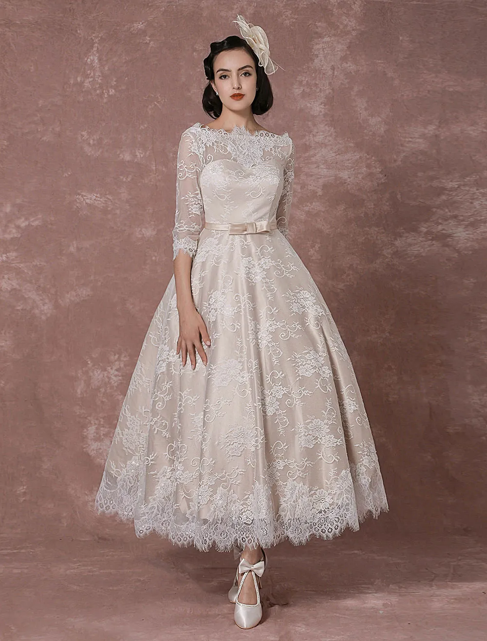 Vintage Champagne Lace A-Line Ankle Length Wedding Dress with Half Sleeves, Tea Length, Open Back, Bateau Neckline, and Retro Country Charm - Plus