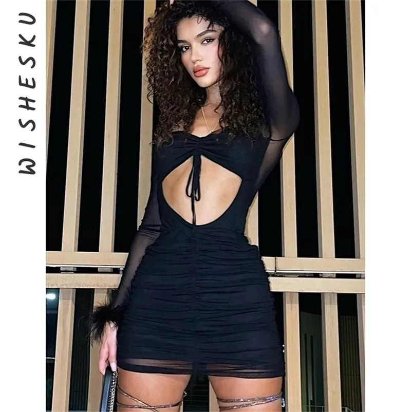 Las mujeres ahuecan hacia fuera el mini vestido ajustado Sexy de malla de manga larga plisado Slim Fit vestidos de corte bajo otoño traje de fiesta de las señoras 220316