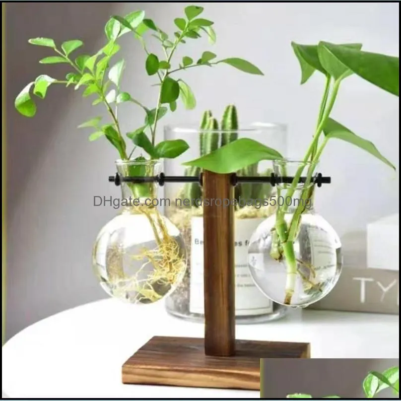 Terrarium Hydroponic Plant Vases Vintage Flower Pot Transparent Vase Wooden Frame Glass Tabletop Plants Home Bonsai Decor 510 R2