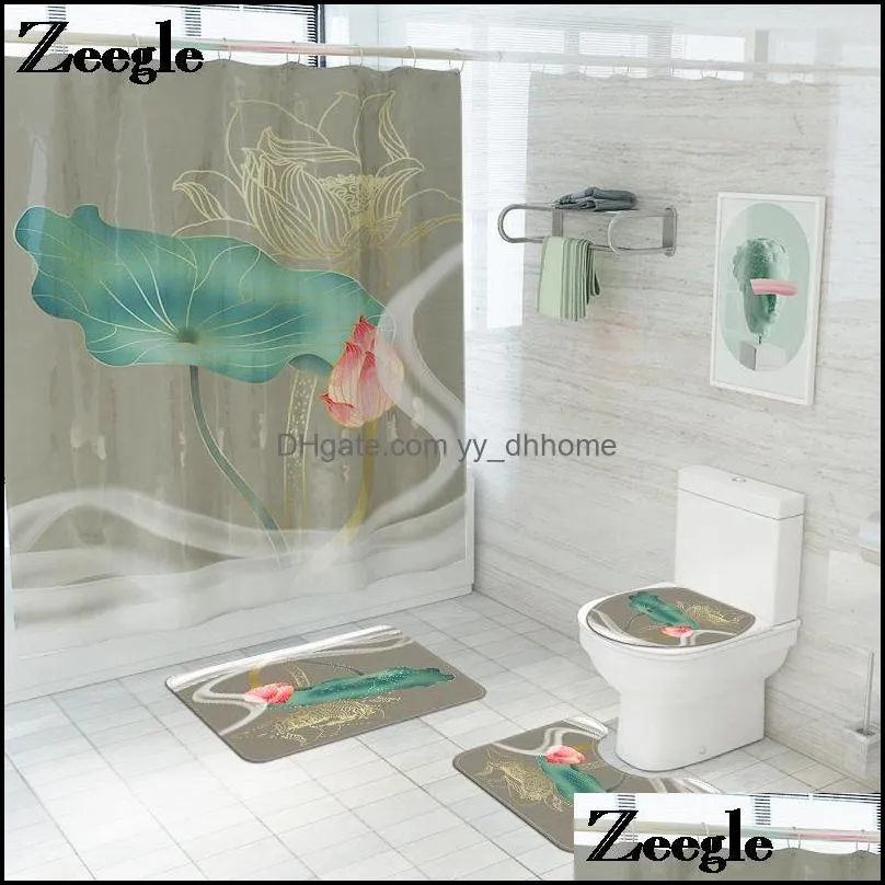Zeegle Bath Mat And Shower Curtain Set Floral Bathroom Microfiber Toilet Floor Absorbent Mats