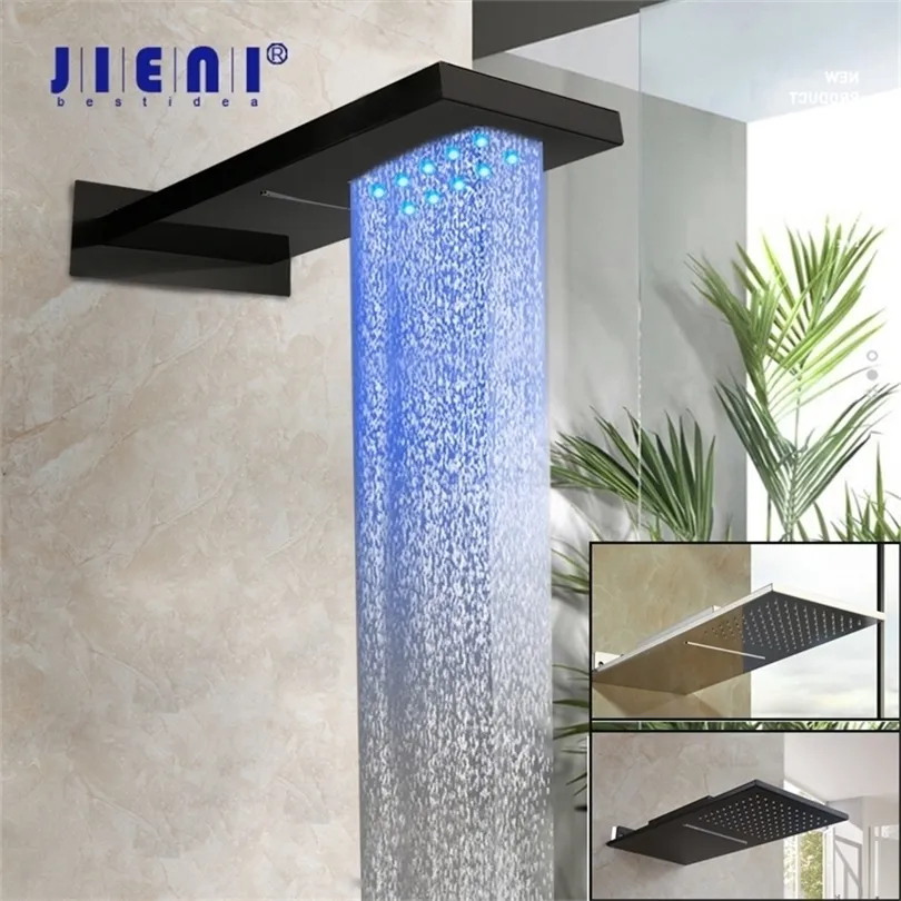 JIENI Soffione doccia nero opaco Soffione doccia a cascata con getto a pioggia cromato LED nero Soffione doccia per vasca da bagno Soffione doccia quadrato Top Over Spray 200925