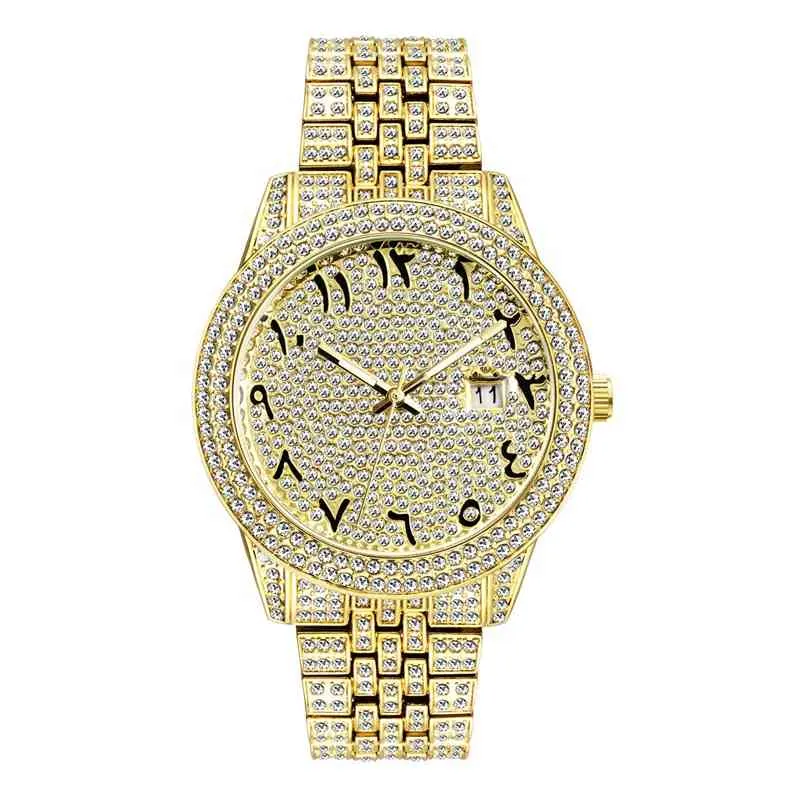 New Iced Out Diamond Men Watch Zircões de luxo manchas de aço Jóias de aço Número árabe Wristwatch Watch Quartz Watch