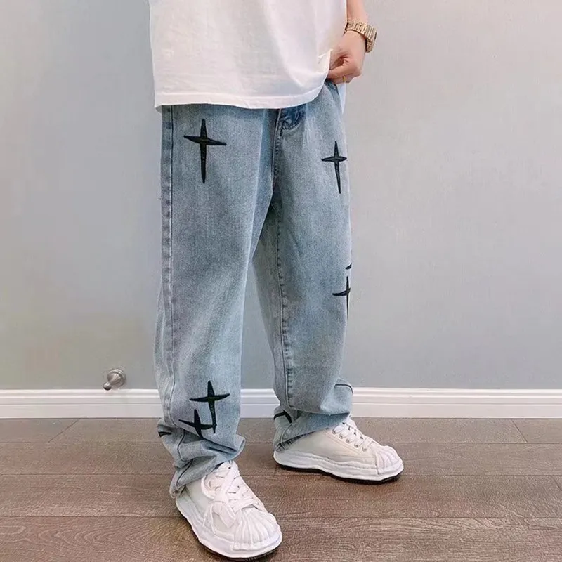 Mens Distressed Jeans Vibe Style Cross Embroidery Retro