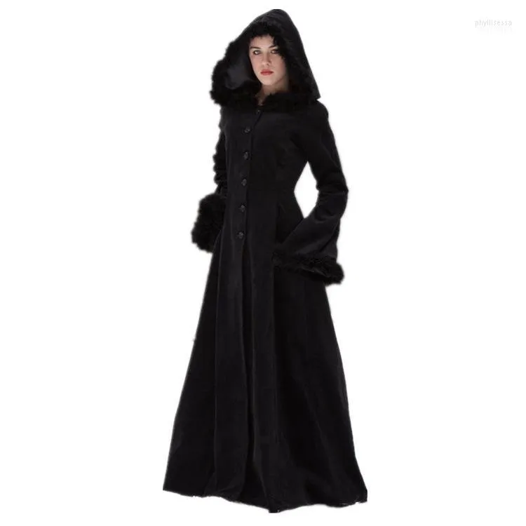 Misto lana da donna Donna Autunno Inverno Cappotto vintage Steampunk Lunghezza pavimento Con cappuccio Medievale Pelliccia calda Trim Maxi Costume da strega gotico