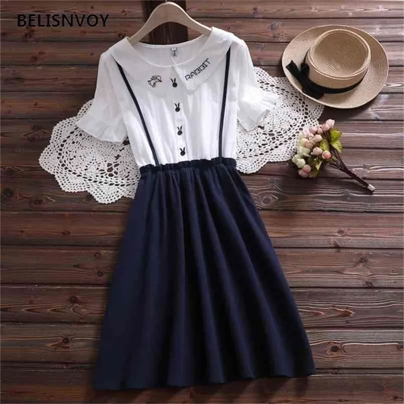 Preppy Style Summer Women Cute Dress Peter Pan Kołnierz Królik haft haft bawełniany dziewczyna e elegancka kawaii Student S 210520