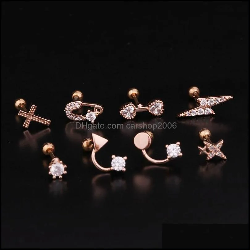 stainless steel cz cartilage earring creative geometric cross heart pin lightning helix tragus rook conch piercing jewelry