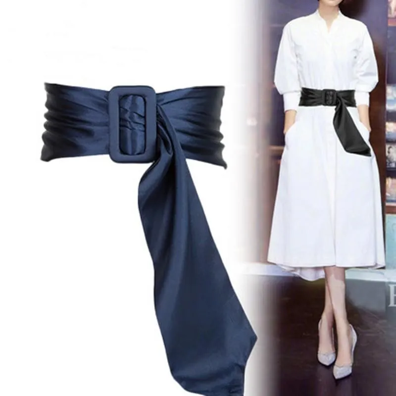 Women s Navy Blue Satin Bow Belt Versatile Wide Dress Belt for Summer 65 90CM