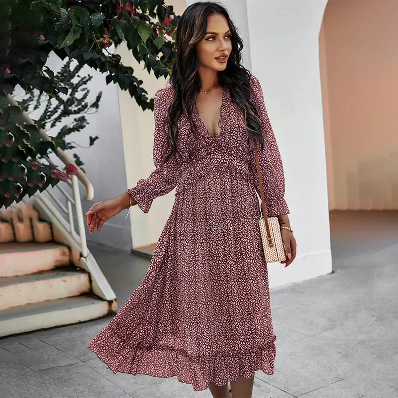 Elegant Swiss Dot Midi Dress - Boho Ruffle Summer Dress For Women (Rose Red, XL)
