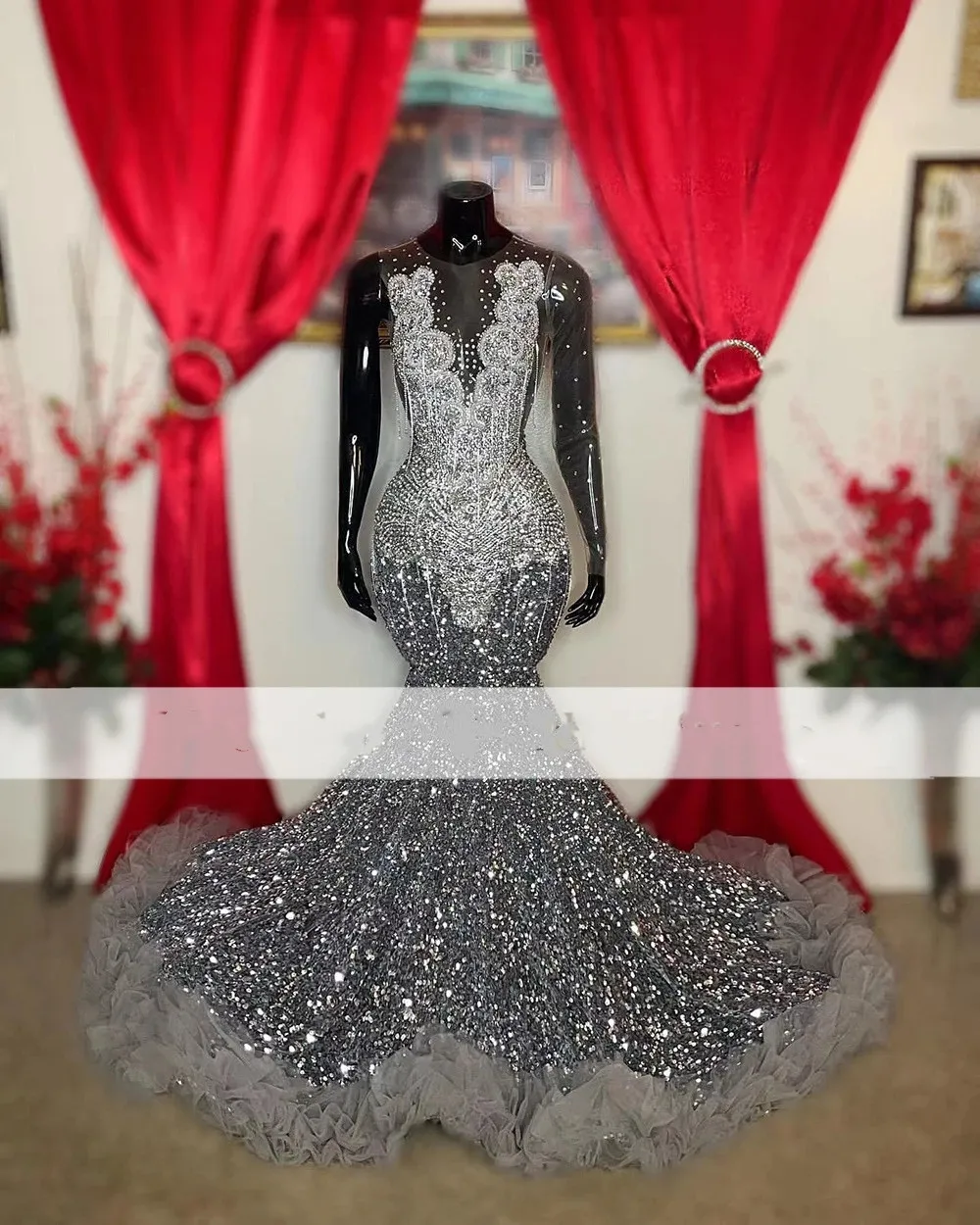 Sparkly Grey Sequins Prom Dresses Mor Beads Sheer Neck Mermaid Party Dress Black Girls Backless Ocn Evening Gowns