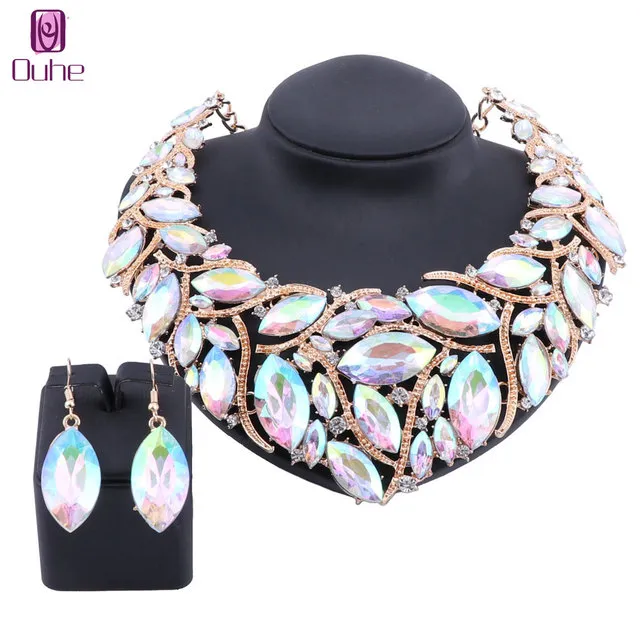 Déclaration africaine collier boucle d'oreille perles ensembles de bijoux pour femmes accessoires mariage mariée cristal pendentif résine gemme ensemble de bijoux 10 couleurs