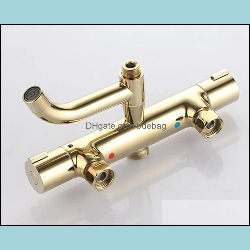 Gold Color Bathroom Thermostatic Control Shower Faucet Set Wall Mounted Round Design Rain Shower Head Brass Material