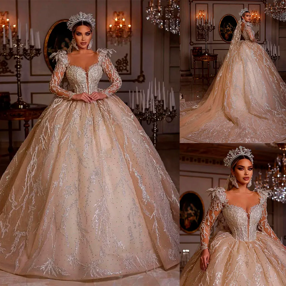 Prenses Boncuk Balo Gelinlik Illusion Kristal Applqiues Kapalı Omuz Sequins Tüy Vestido Casamento Dantel Gelinlikler