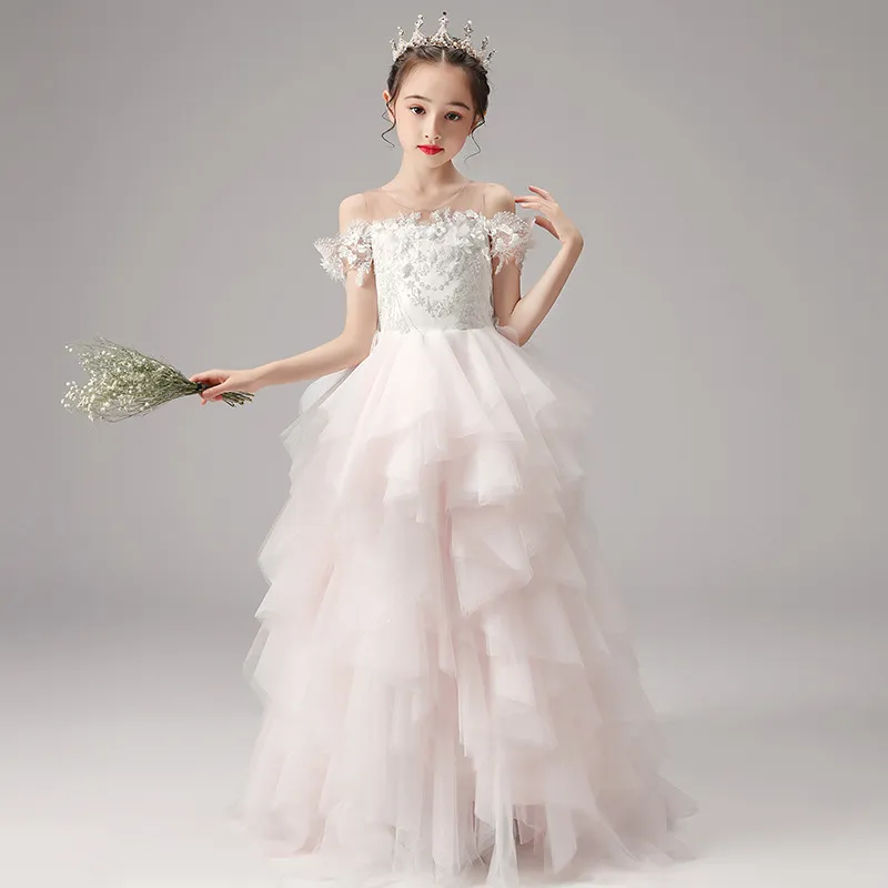 New Year's Rose Flower Dresses For Wedding Off Shoulder Cap Sleeves Tutu Lace First Holy Communion Kids Prom Dress Girls Pageant Gowns 403
