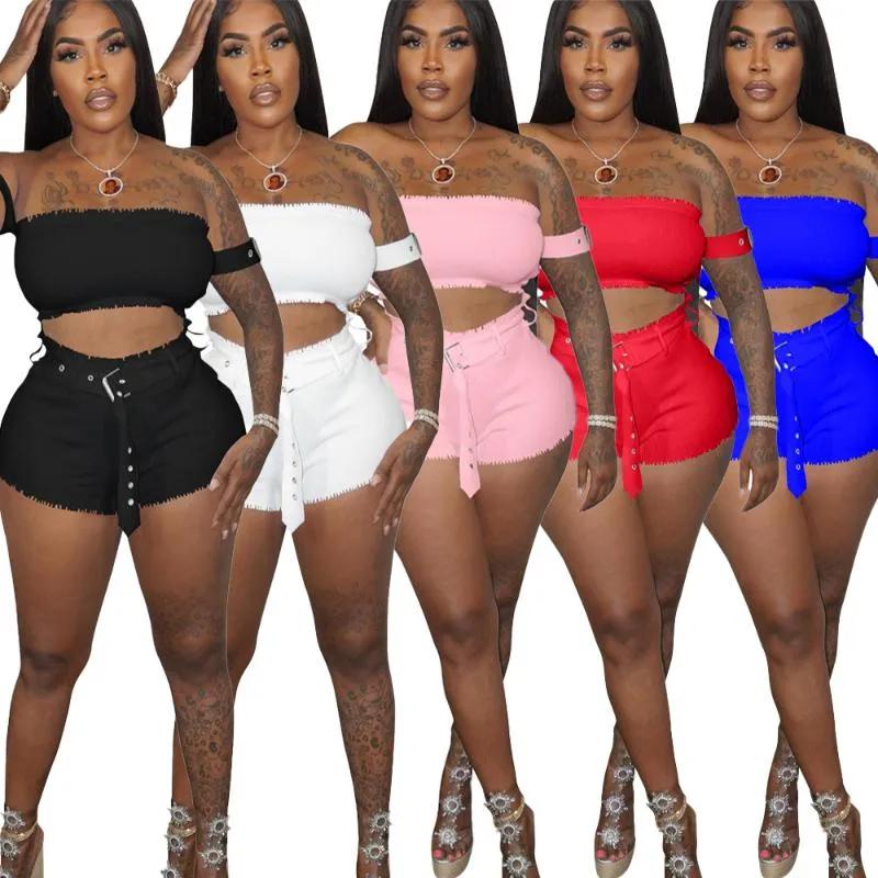 Tracksuits voor dames zomer sexy schroefdraad Twee stukjes sets vrouwen backless mouwloze crop top slanke corny verstelbare riem shorts pakken matchi