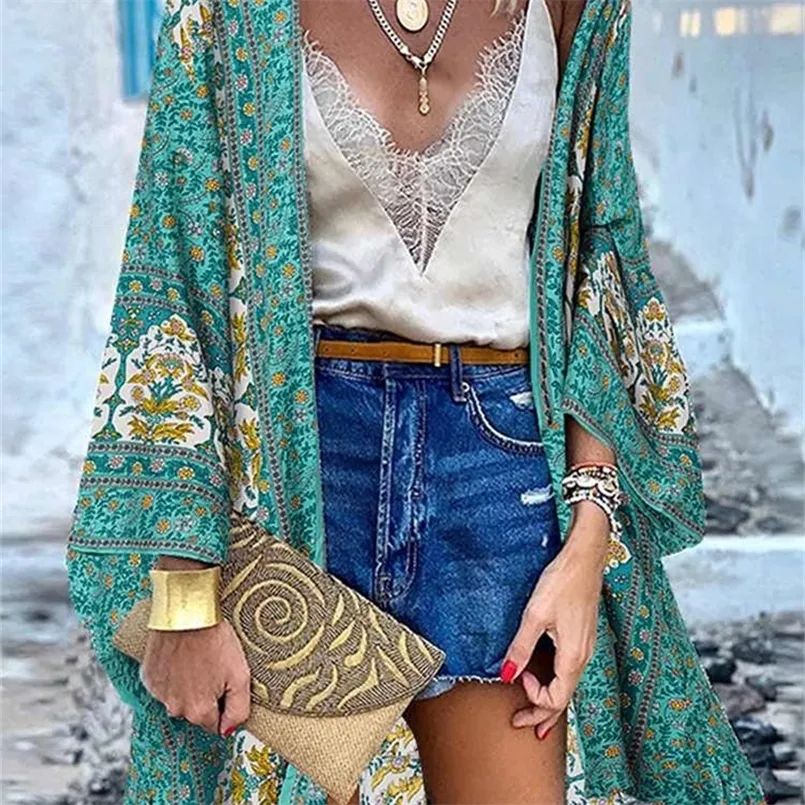 Zanzea Kobiety Kardigan Summer Otwarta Front Bohemian Floral Printed Bluzka Kimono Casual Loose Tops Vintage Blusas z długim rękawem 220623