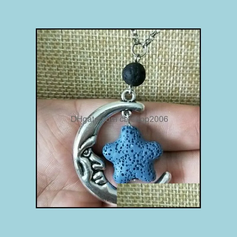 Vintage Silver Color starfish Lava Stone Moon diffuser Necklace Volcanic Rock Aromatherapy  Oil Diffuser Necklace For Women