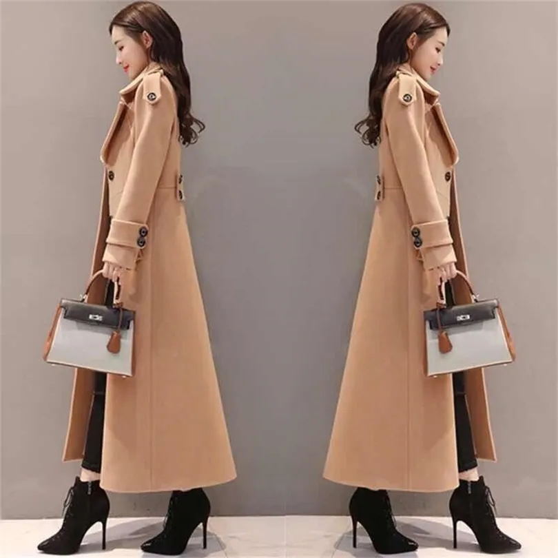 XLong New Women outerwear winter clothing fashion warm woolen blends Slim female elegant Double Breasted woolen coat T200315