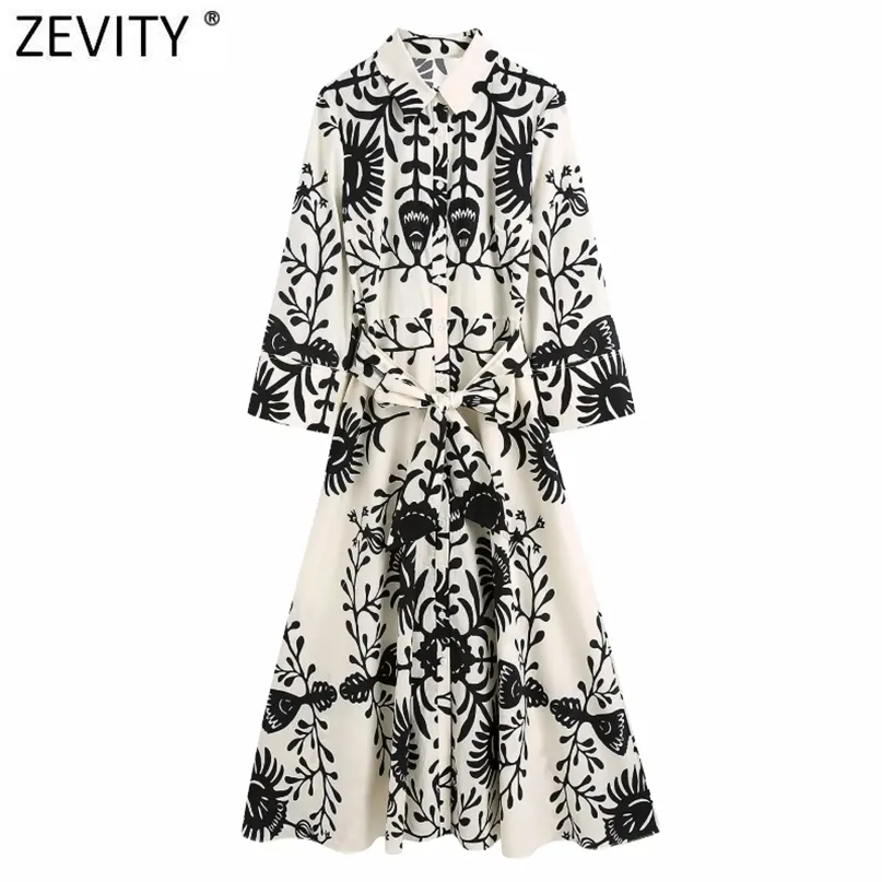 Zevity Women Vintage Black Totem Print Bow Sashes Shirt Dress Female Chic Three Quarter Sleeve Casual Slim Midi Vestidos DS8640 220613