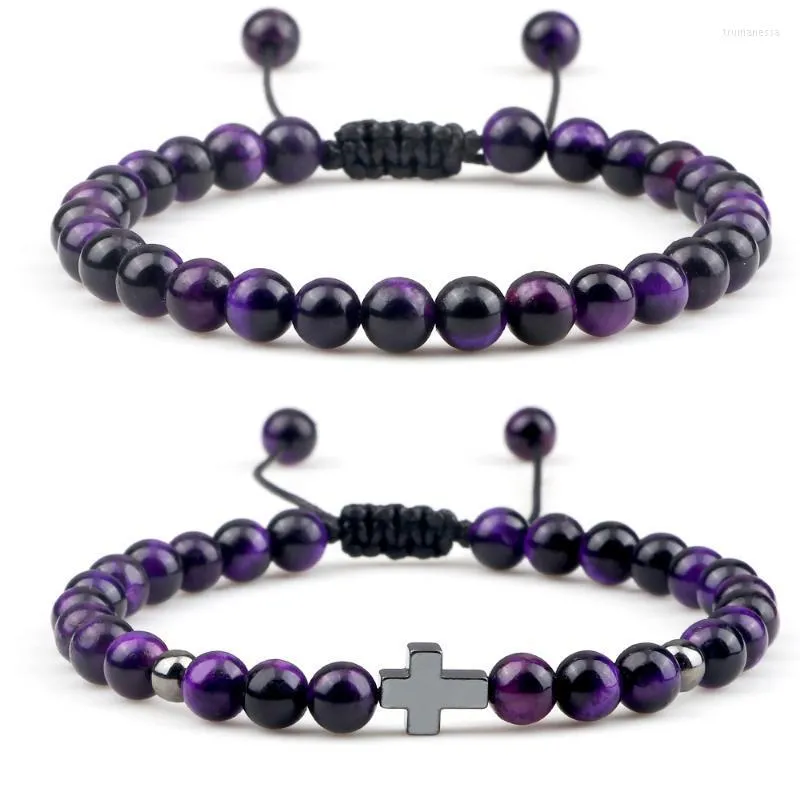 Brins de perles 6MM naturel violet œil de tigre perles Bracelet hématite croix Onyx prière bracelet bijoux Yoga énergie bouddha cadeau pour hommes femmes T