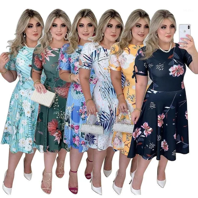 Abiti da festa signore vestiti taglie forti estivi fiori stampa donne di alta qualità con maniche corte reali pos 2022