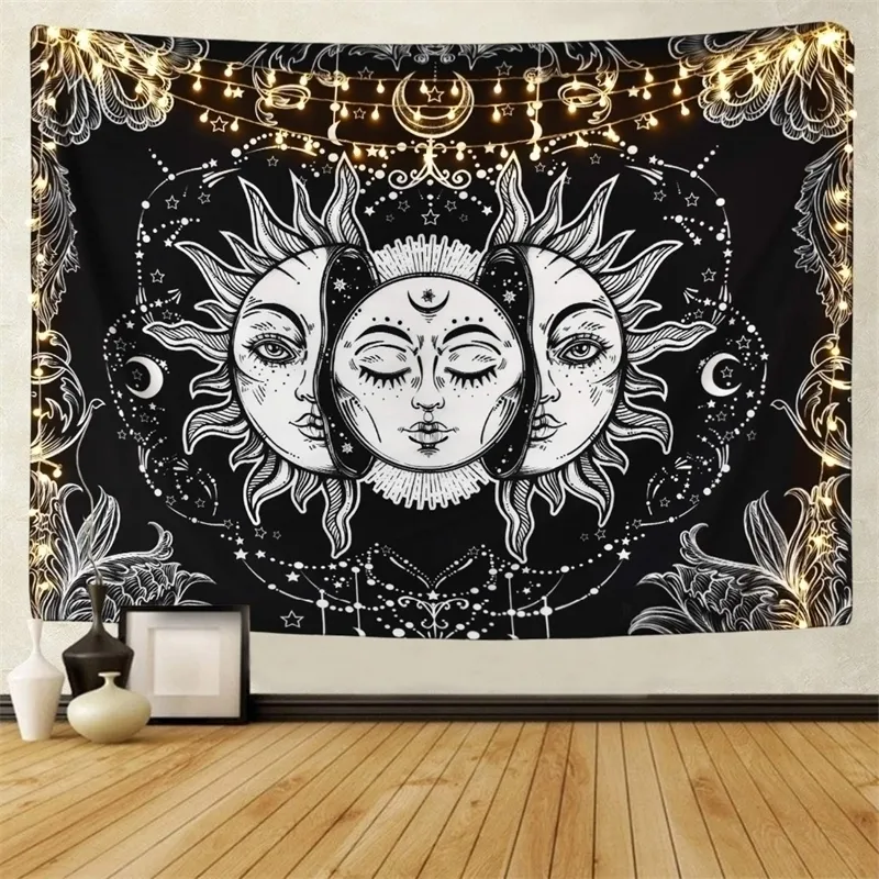 White Black Sun Moon Mandala tapestry vägg hängande hippie mattor sovsal dekor y200325